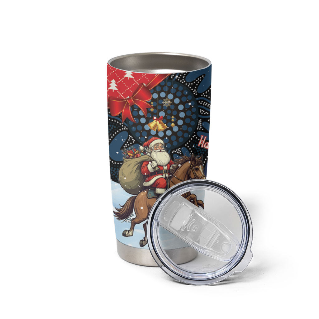 Australia Christmas In July Tumbler Cup Santa Horse Racing Aboriginal Dot Art