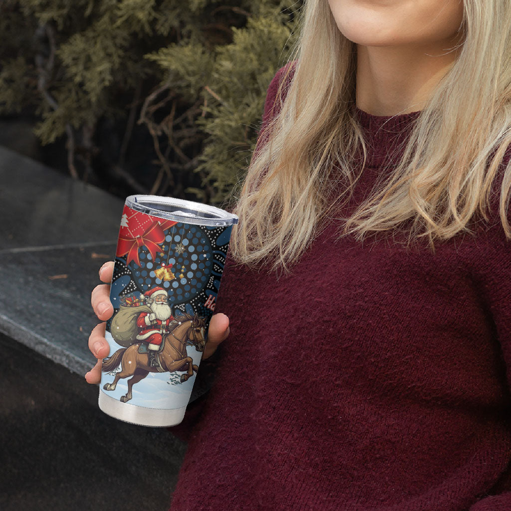 Australia Christmas In July Tumbler Cup Santa Horse Racing Aboriginal Dot Art