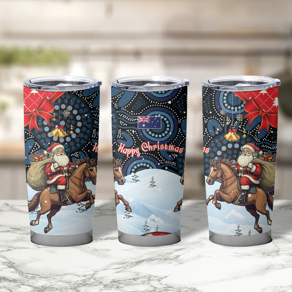 Australia Christmas In July Tumbler Cup Santa Horse Racing Aboriginal Dot Art