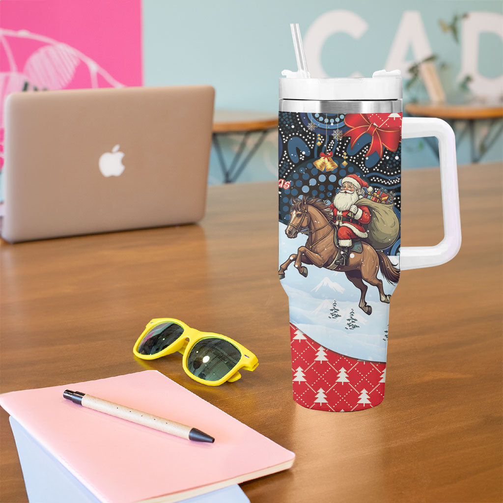 Australia Christmas In July Tumbler With Handle Santa Horse Racing Aboriginal Dot Art