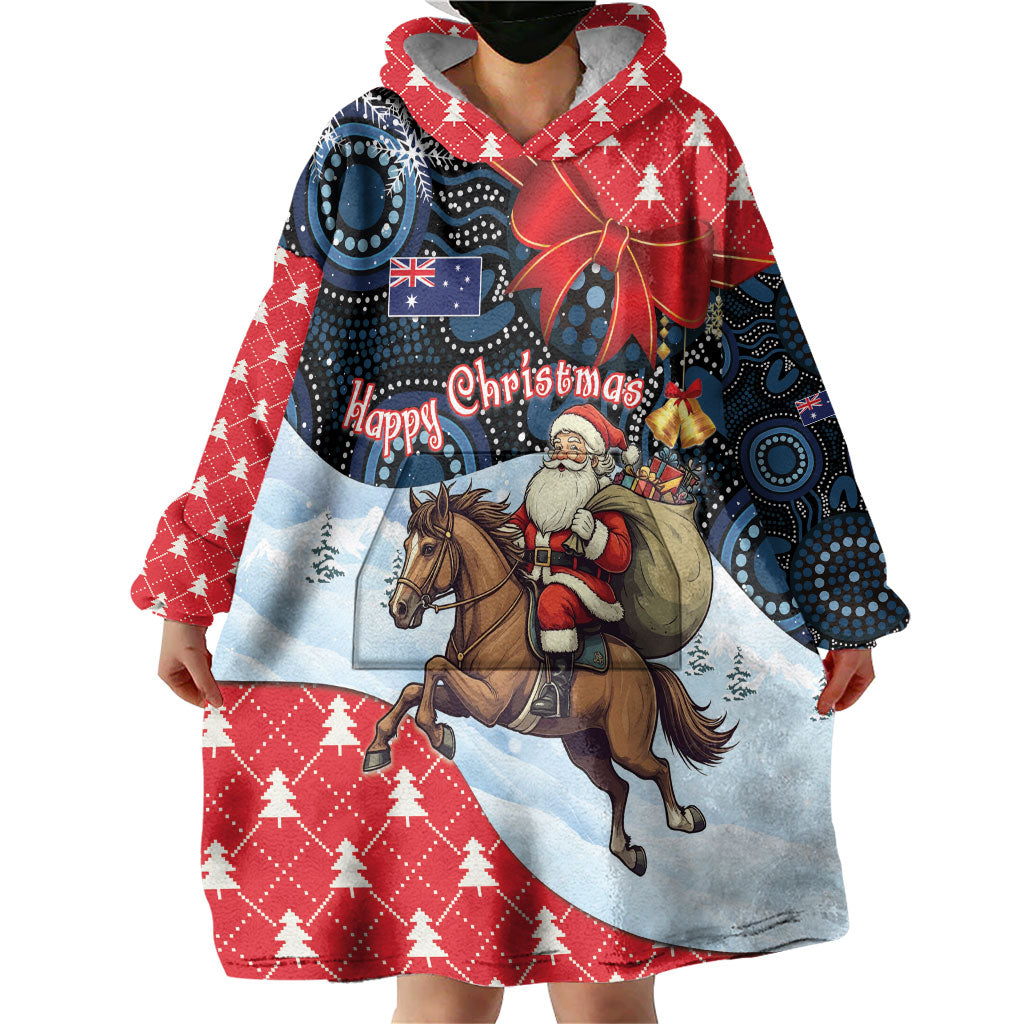 Australia Christmas In July Personalised Wearable Blanket Hoodie Santa Horse Racing Aboriginal Dot Art