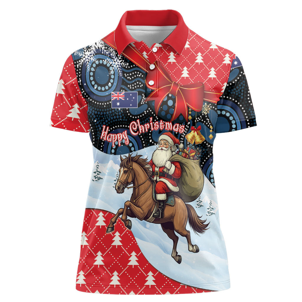 Australia Christmas In July Personalised Women Polo Shirt Santa Horse Racing Aboriginal Dot Art
