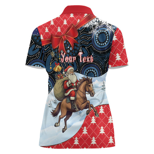 Australia Christmas In July Personalised Women Polo Shirt Santa Horse Racing Aboriginal Dot Art