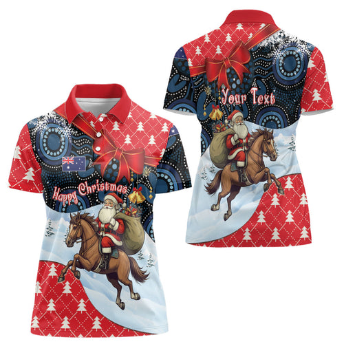 Australia Christmas In July Personalised Women Polo Shirt Santa Horse Racing Aboriginal Dot Art