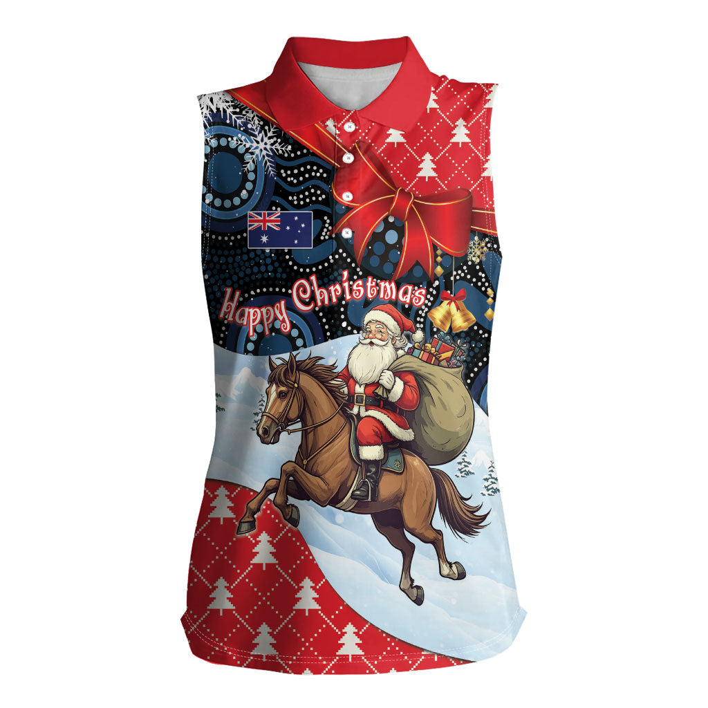 Australia Christmas In July Personalised Women Sleeveless Polo Shirt Santa Horse Racing Aboriginal Dot Art