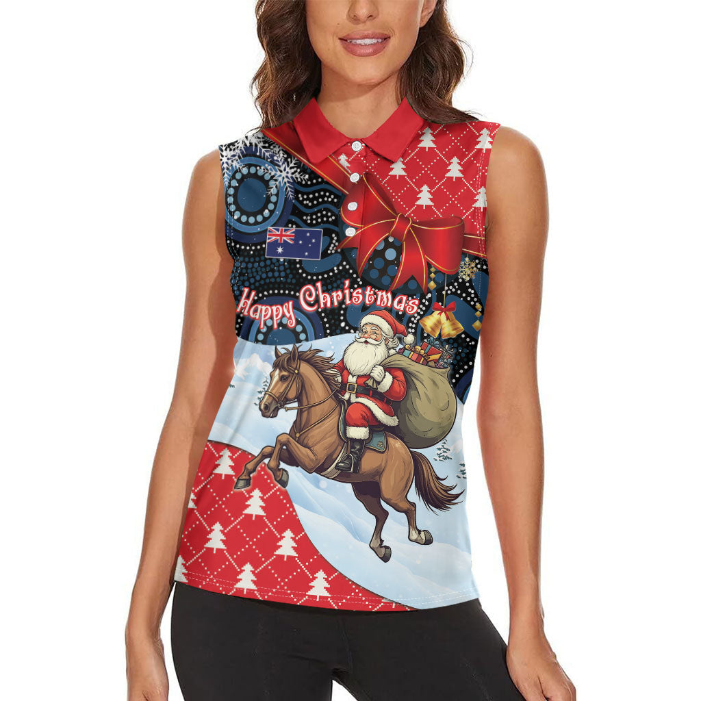 Australia Christmas In July Personalised Women Sleeveless Polo Shirt Santa Horse Racing Aboriginal Dot Art