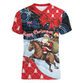 Australia Christmas In July Personalised Women V-Neck T-Shirt Santa Horse Racing Aboriginal Dot Art