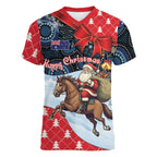 Australia Christmas In July Personalised Women V-Neck T-Shirt Santa Horse Racing Aboriginal Dot Art