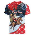 Australia Christmas In July Personalised Women V-Neck T-Shirt Santa Horse Racing Aboriginal Dot Art