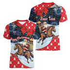 Australia Christmas In July Personalised Women V-Neck T-Shirt Santa Horse Racing Aboriginal Dot Art