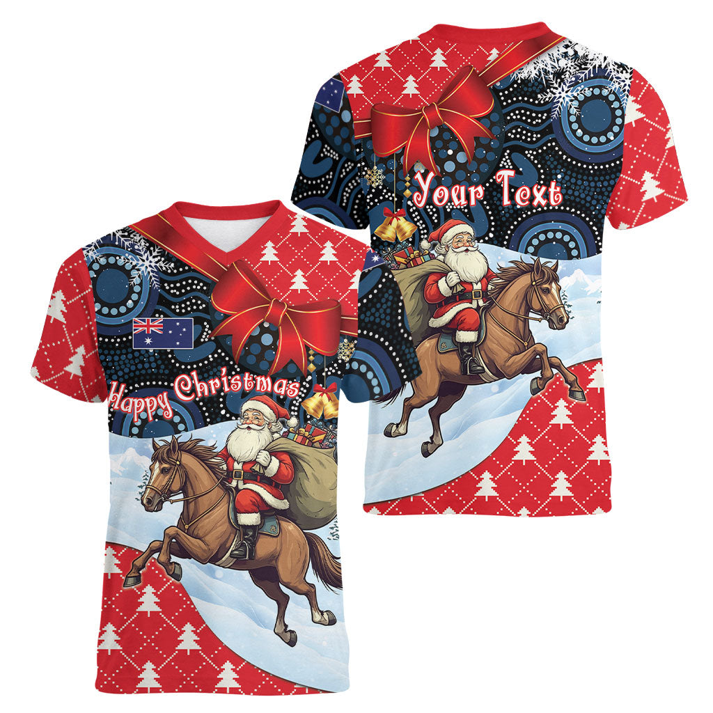 Australia Christmas In July Personalised Women V-Neck T-Shirt Santa Horse Racing Aboriginal Dot Art