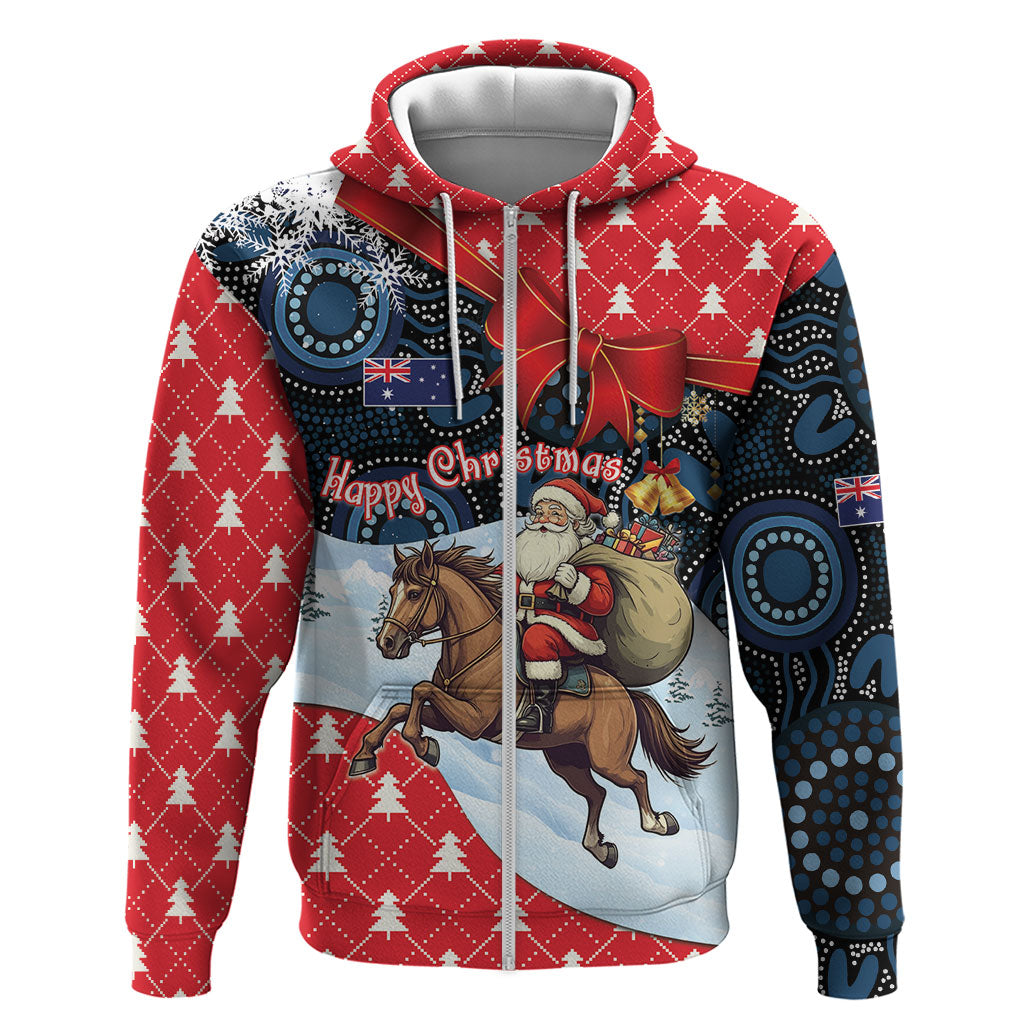 Australia Christmas In July Personalised Zip Hoodie Santa Horse Racing Aboriginal Dot Art