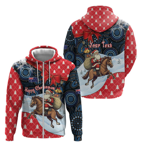 Australia Christmas In July Personalised Zip Hoodie Santa Horse Racing Aboriginal Dot Art