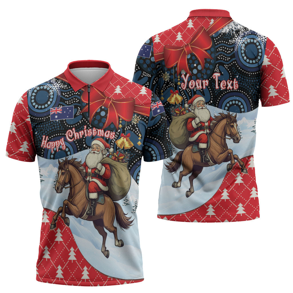Australia Christmas In July Personalised Zipper Polo Shirt Santa Horse Racing Aboriginal Dot Art