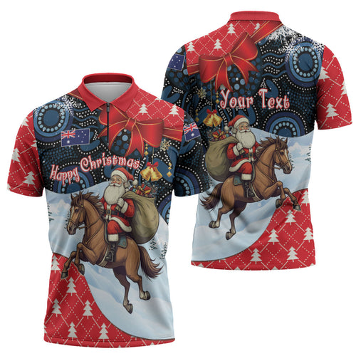 Australia Christmas In July Personalised Zipper Polo Shirt Santa Horse Racing Aboriginal Dot Art