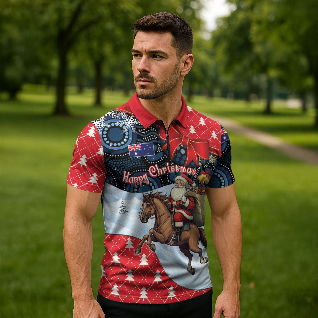 Australia Christmas In July Personalised Zipper Polo Shirt Santa Horse Racing Aboriginal Dot Art