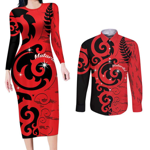 New Zealand Matariki Couples Matching Long Sleeve Bodycon Dress and Long Sleeve Button Shirt Maori New Year Koru Pattern