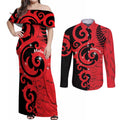 New Zealand Matariki Couples Matching Off Shoulder Maxi Dress and Long Sleeve Button Shirt Maori New Year Koru Pattern