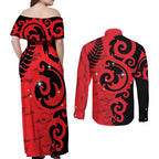 New Zealand Matariki Couples Matching Off Shoulder Maxi Dress and Long Sleeve Button Shirt Maori New Year Koru Pattern