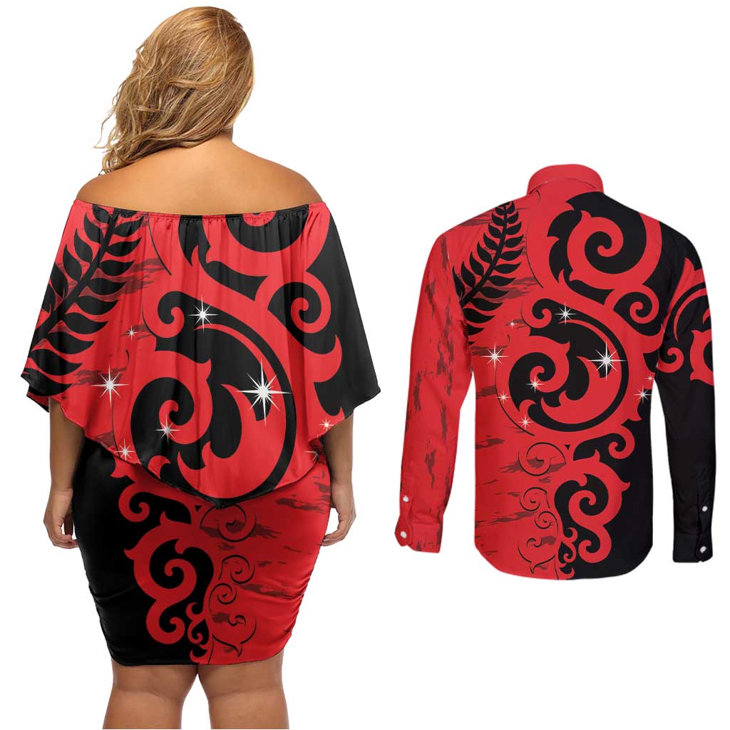 New Zealand Matariki Couples Matching Off Shoulder Short Dress and Long Sleeve Button Shirt Maori New Year Koru Pattern