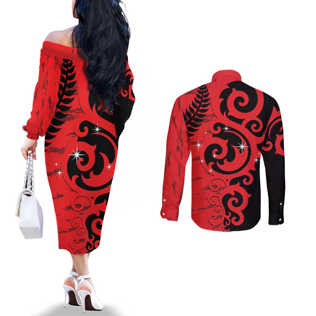 New Zealand Matariki Couples Matching Off The Shoulder Long Sleeve Dress and Long Sleeve Button Shirt Maori New Year Koru Pattern
