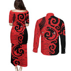New Zealand Matariki Couples Matching Puletasi and Long Sleeve Button Shirt Maori New Year Koru Pattern