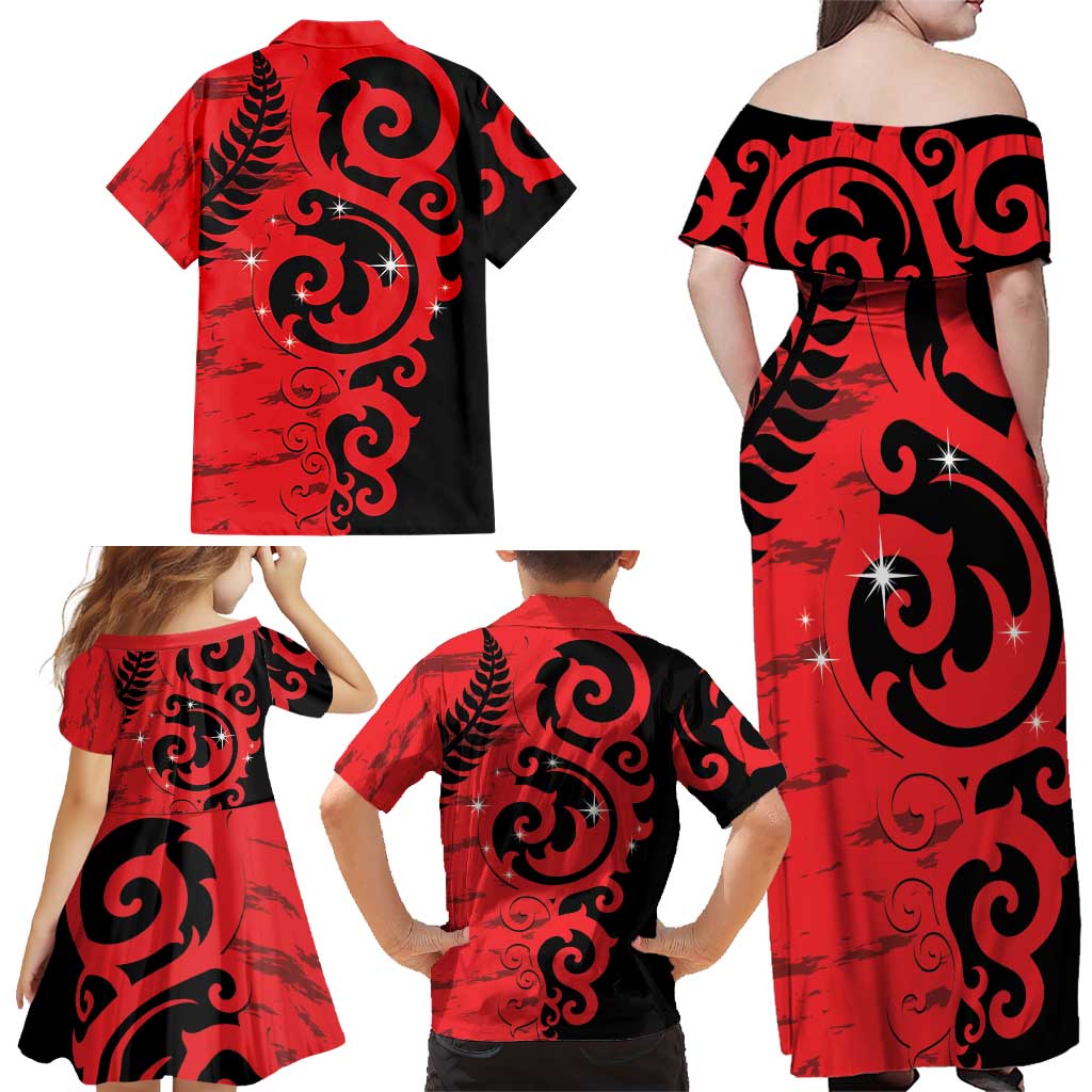 New Zealand Matariki Family Matching Off Shoulder Maxi Dress and Hawaiian Shirt Maori New Year Koru Pattern
