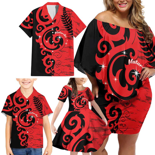 New Zealand Matariki Family Matching Off Shoulder Short Dress and Hawaiian Shirt Maori New Year Koru Pattern
