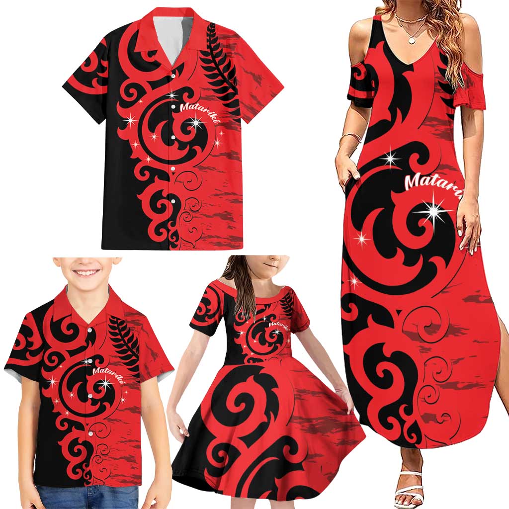 New Zealand Matariki Family Matching Summer Maxi Dress and Hawaiian Shirt Maori New Year Koru Pattern