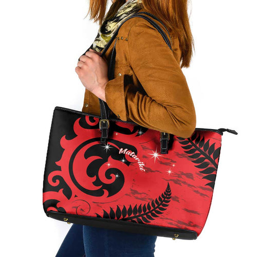 New Zealand Matariki Leather Tote Bag Maori New Year Koru Pattern