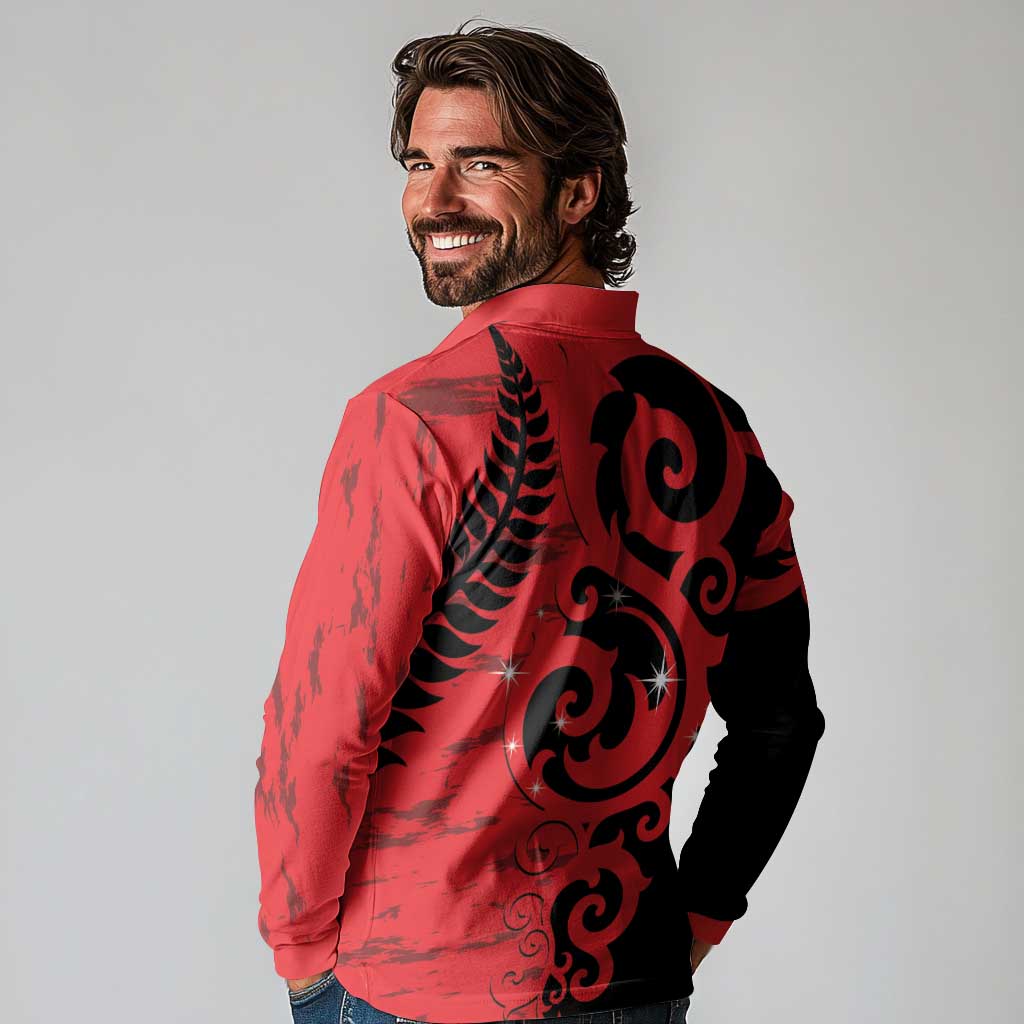 New Zealand Matariki Long Sleeve Polo Shirt Maori New Year Koru Pattern