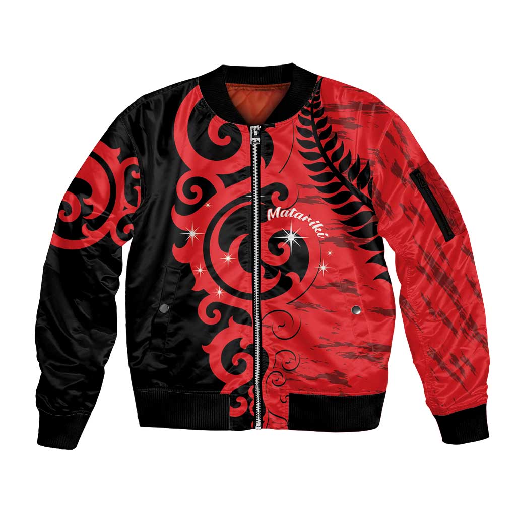 New Zealand Matariki Sleeve Zip Bomber Jacket Maori New Year Koru Pattern
