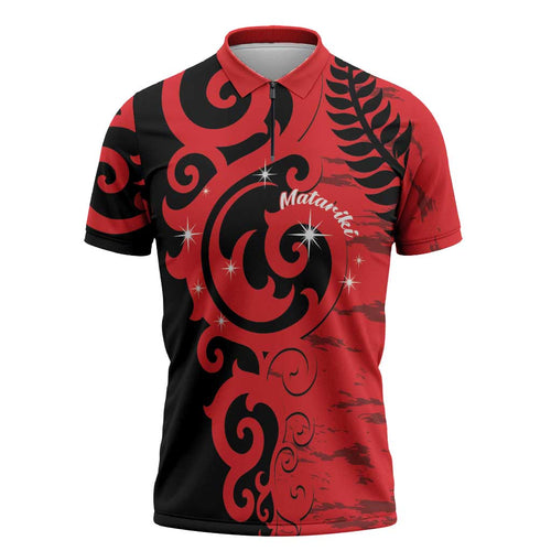 New Zealand Matariki Zipper Polo Shirt Maori New Year Koru Pattern