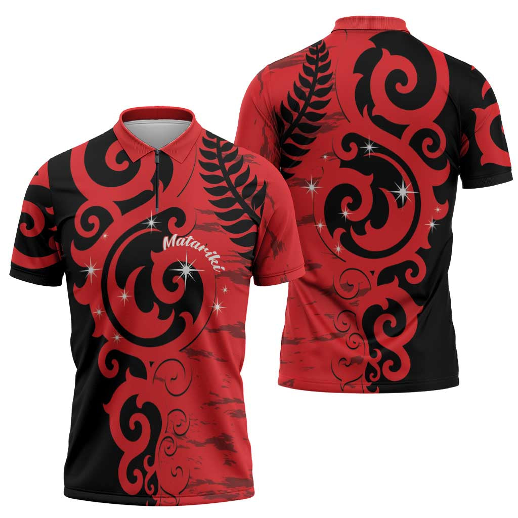 New Zealand Matariki Zipper Polo Shirt Maori New Year Koru Pattern