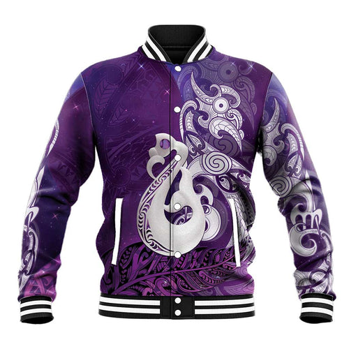 New Zealand Matariki Baseball Jacket Maori Manaia Galaxy Silver Fern Purple Color
