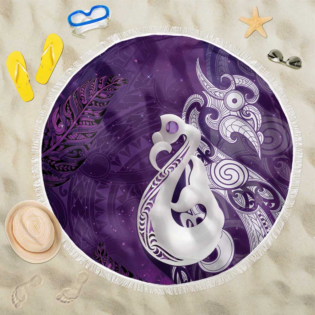 New Zealand Matariki Beach Blanket Maori Manaia Galaxy Silver Fern Purple Color