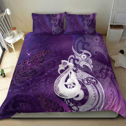New Zealand Matariki Bedding Set Maori Manaia Galaxy Silver Fern Purple Color