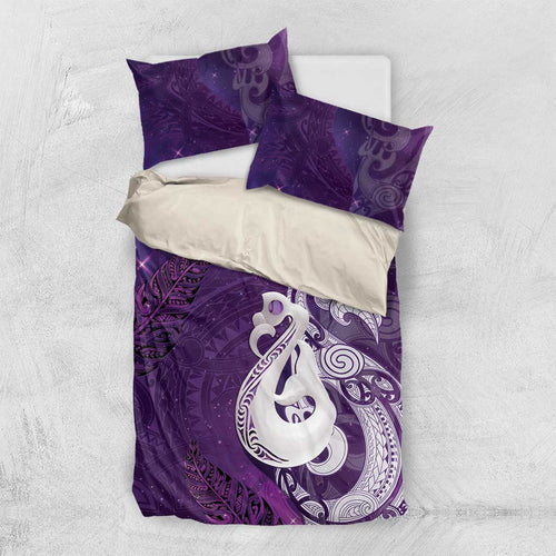 New Zealand Matariki Bedding Set Maori Manaia Galaxy Silver Fern Purple Color