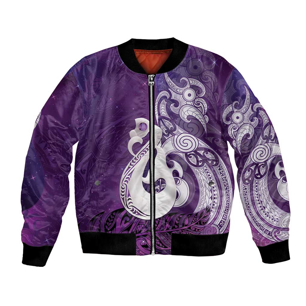 New Zealand Matariki Bomber Jacket Maori Manaia Galaxy Silver Fern Purple Color
