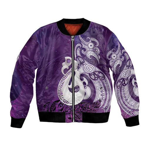 New Zealand Matariki Bomber Jacket Maori Manaia Galaxy Silver Fern Purple Color