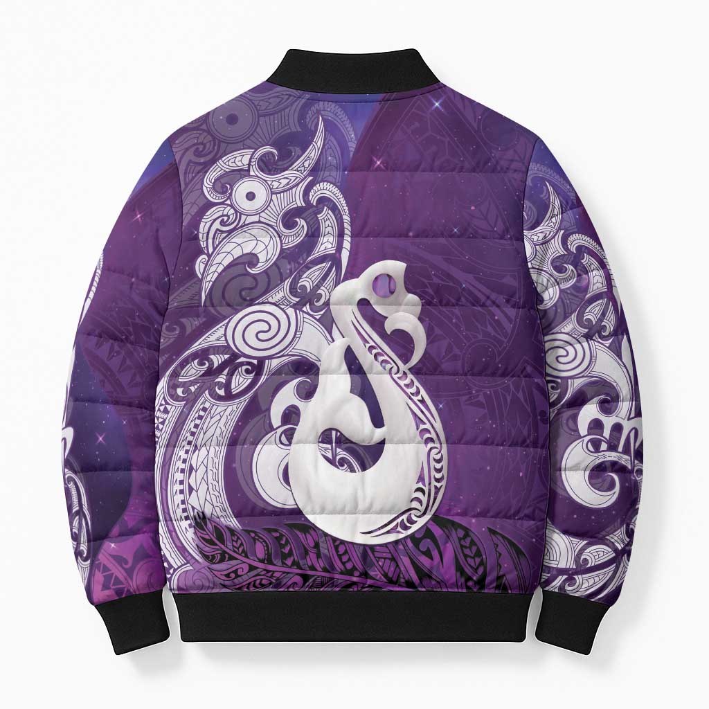 New Zealand Matariki Bomber Puffer Jacket Maori Manaia Galaxy Silver Fern Purple Color