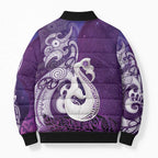 New Zealand Matariki Bomber Puffer Jacket Maori Manaia Galaxy Silver Fern Purple Color