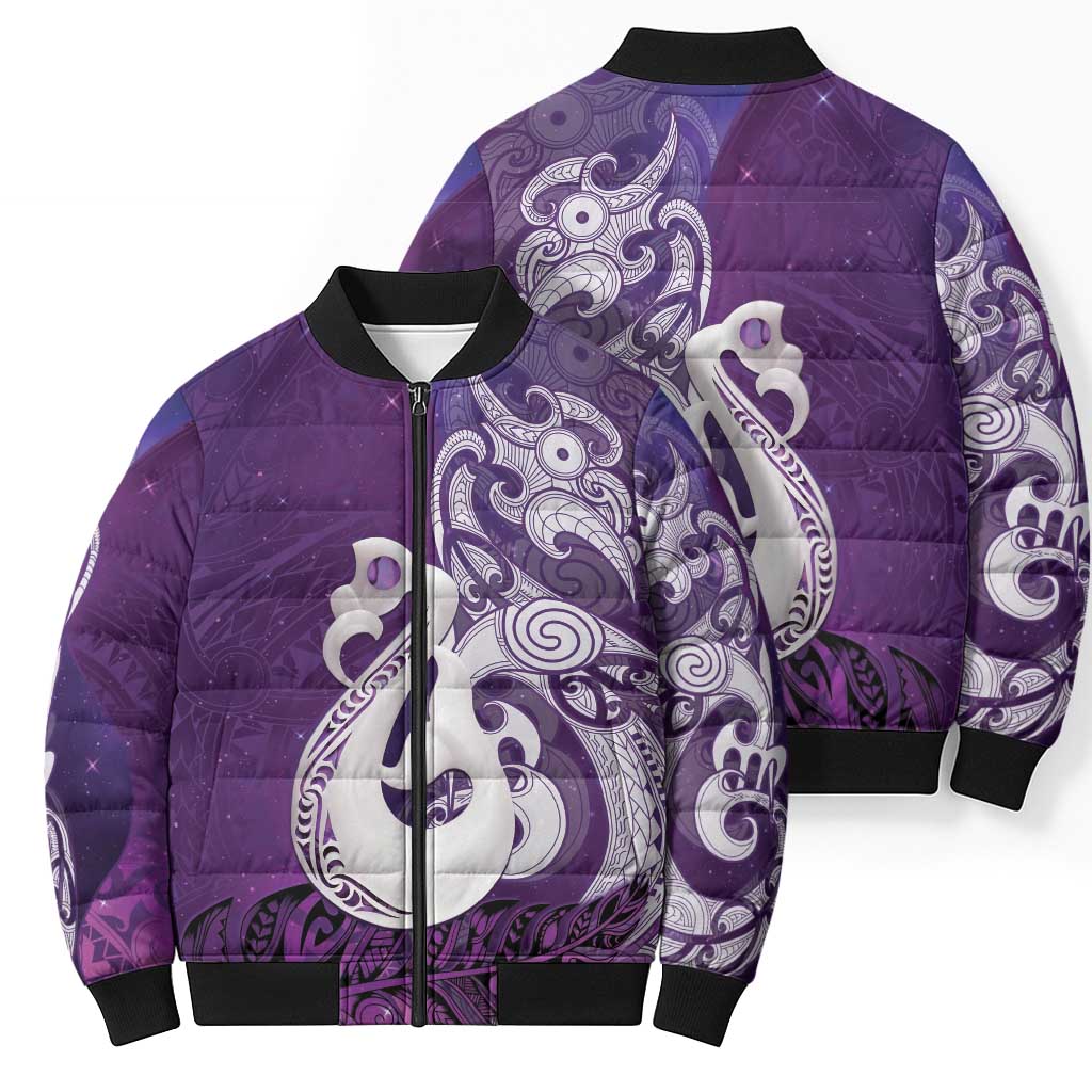 New Zealand Matariki Bomber Puffer Jacket Maori Manaia Galaxy Silver Fern Purple Color