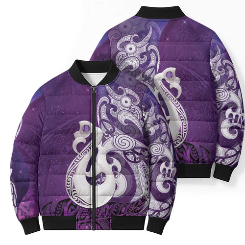 New Zealand Matariki Bomber Puffer Jacket Maori Manaia Galaxy Silver Fern Purple Color