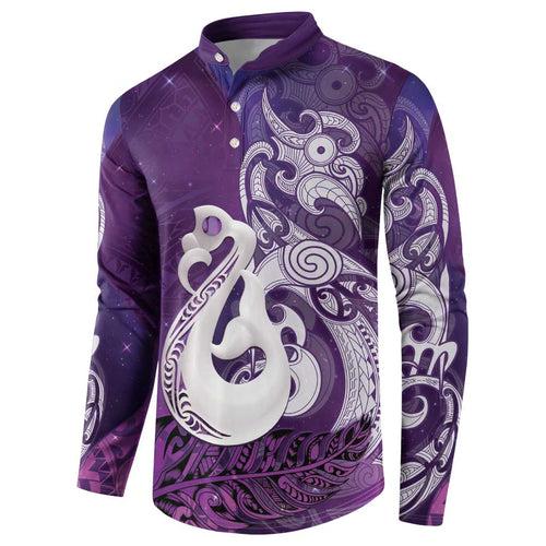 New Zealand Matariki Button Sweatshirt Maori Manaia Galaxy Silver Fern Purple Color