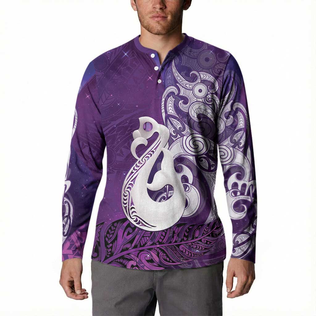 New Zealand Matariki Button Sweatshirt Maori Manaia Galaxy Silver Fern Purple Color