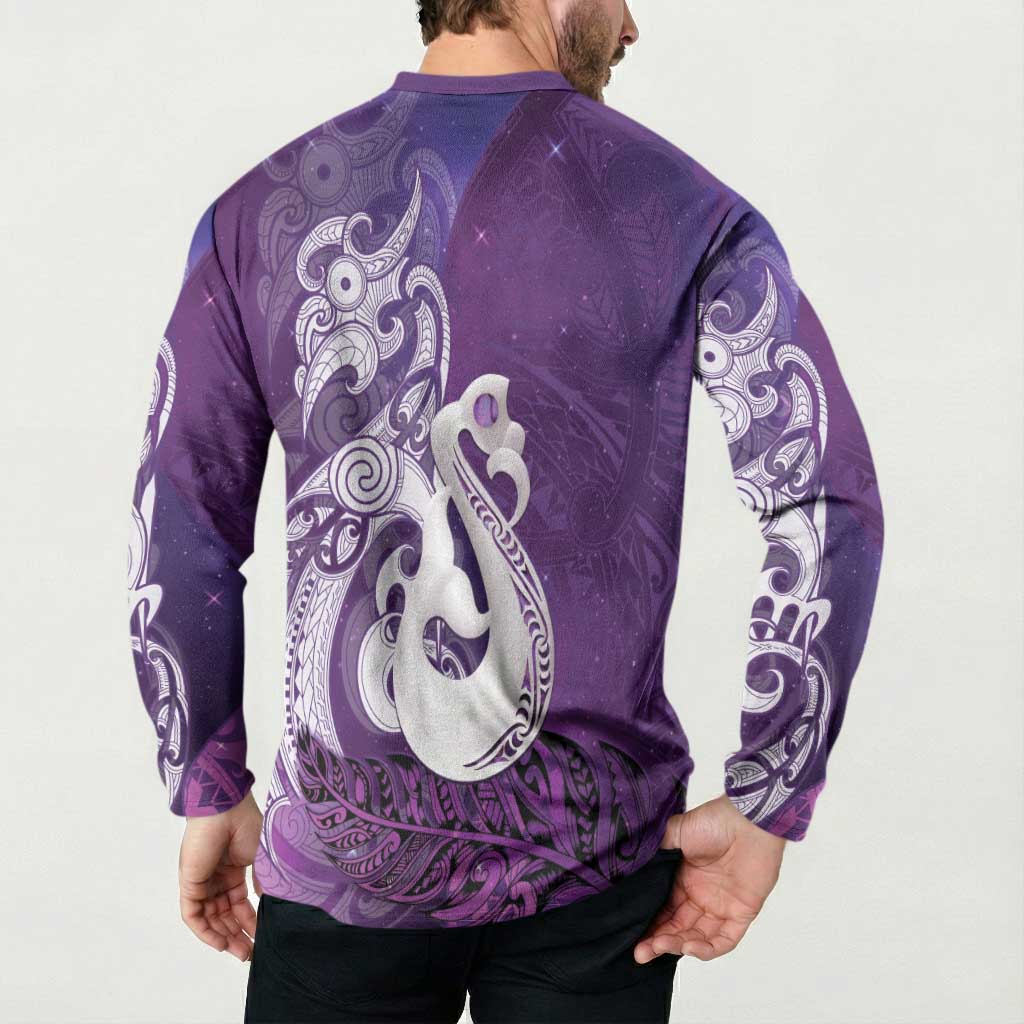 New Zealand Matariki Button Sweatshirt Maori Manaia Galaxy Silver Fern Purple Color