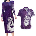 New Zealand Matariki Couples Matching Long Sleeve Bodycon Dress and Hawaiian Shirt Maori Manaia Galaxy Silver Fern Purple Color