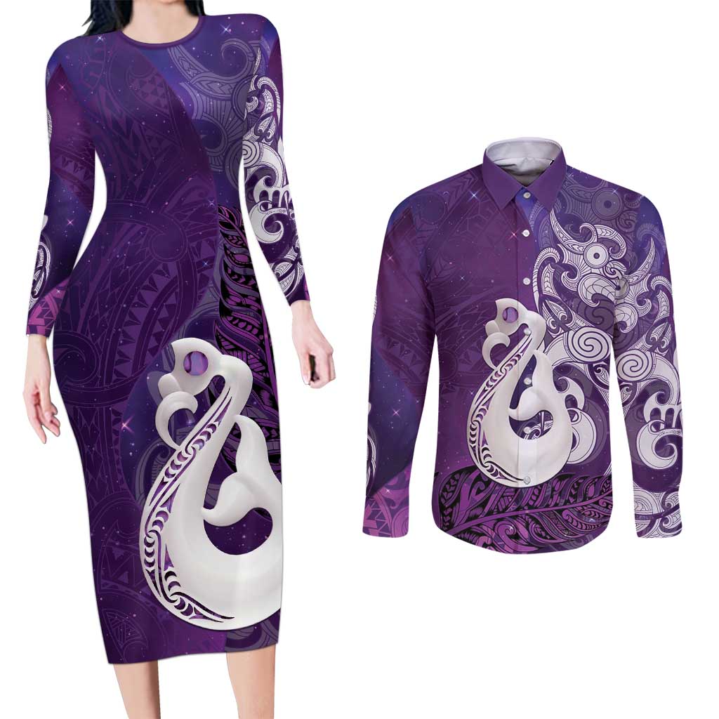 New Zealand Matariki Couples Matching Long Sleeve Bodycon Dress and Long Sleeve Button Shirt Maori Manaia Galaxy Silver Fern Purple Color