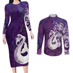 New Zealand Matariki Couples Matching Long Sleeve Bodycon Dress and Long Sleeve Button Shirt Maori Manaia Galaxy Silver Fern Purple Color